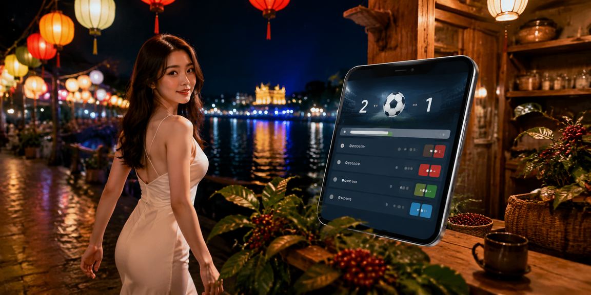 Người dùng thưởng thức cà phê và theo dõi trang casino trực tuyến trong không gian cổ kính tại Huế